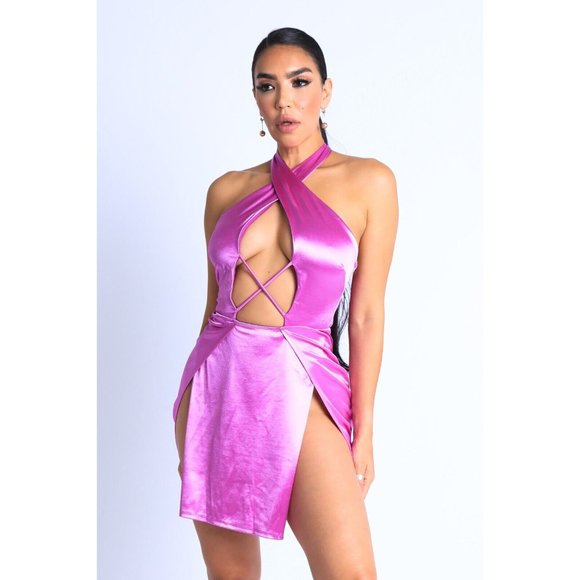 Women's Satin Sleeveless Cross Halter Open Mini Dress Party Club Dress Sexy - Picture 2 of 9